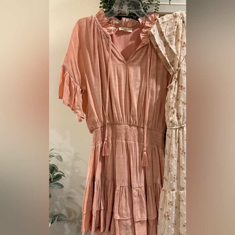 entro Blush Pink Tiered Midi Dress with Smocked Waist